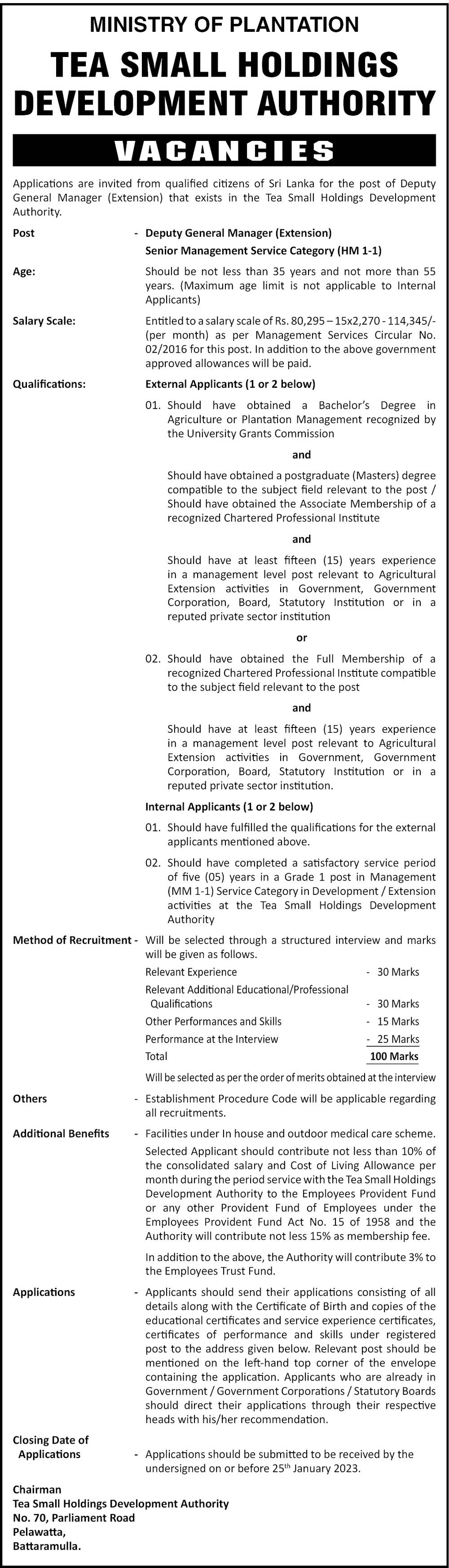 Deputy General Manager (Extension) Tea Small Holdings Development
