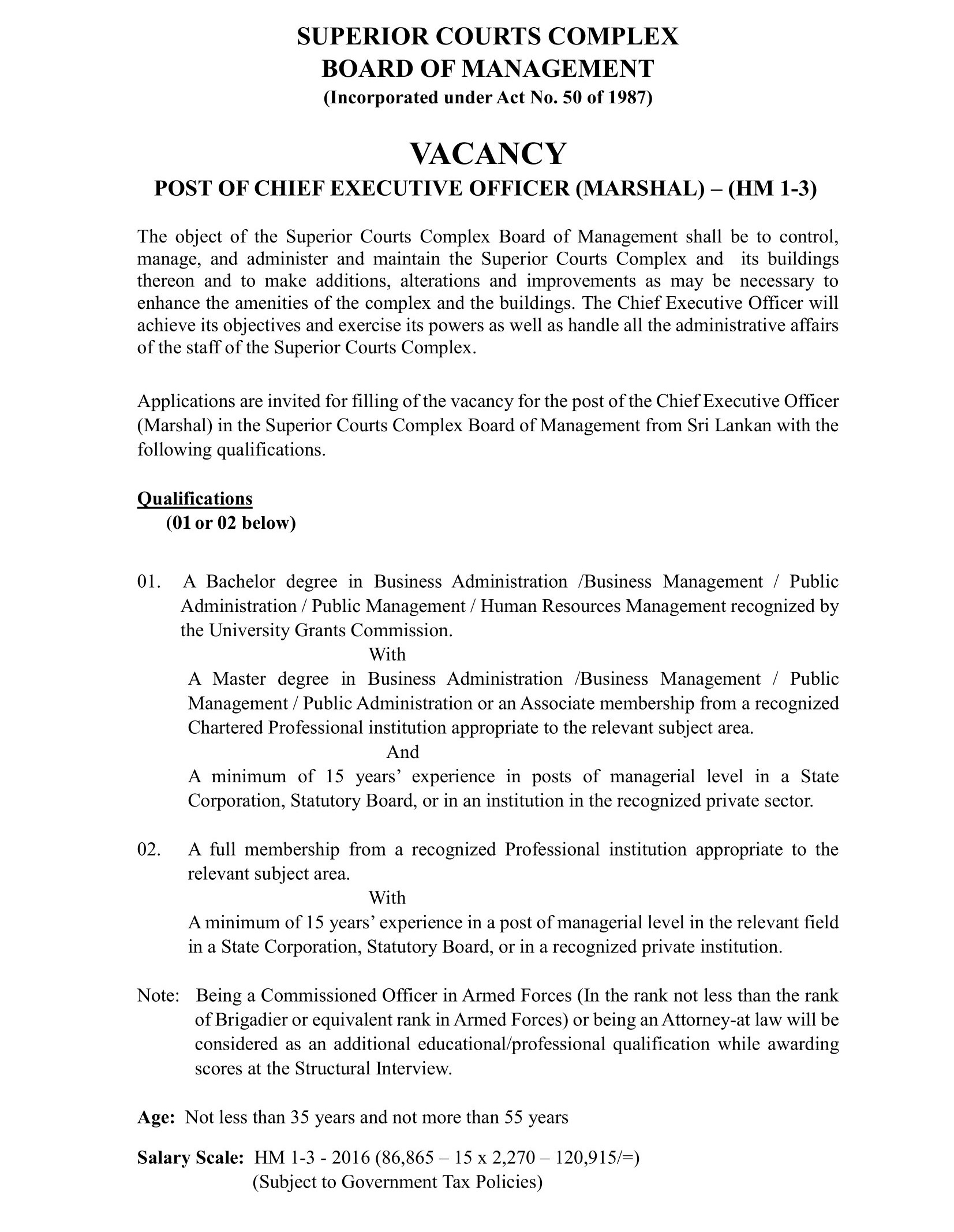 Chief Executive Officer (Marshal) Superior Courts Complex Board of