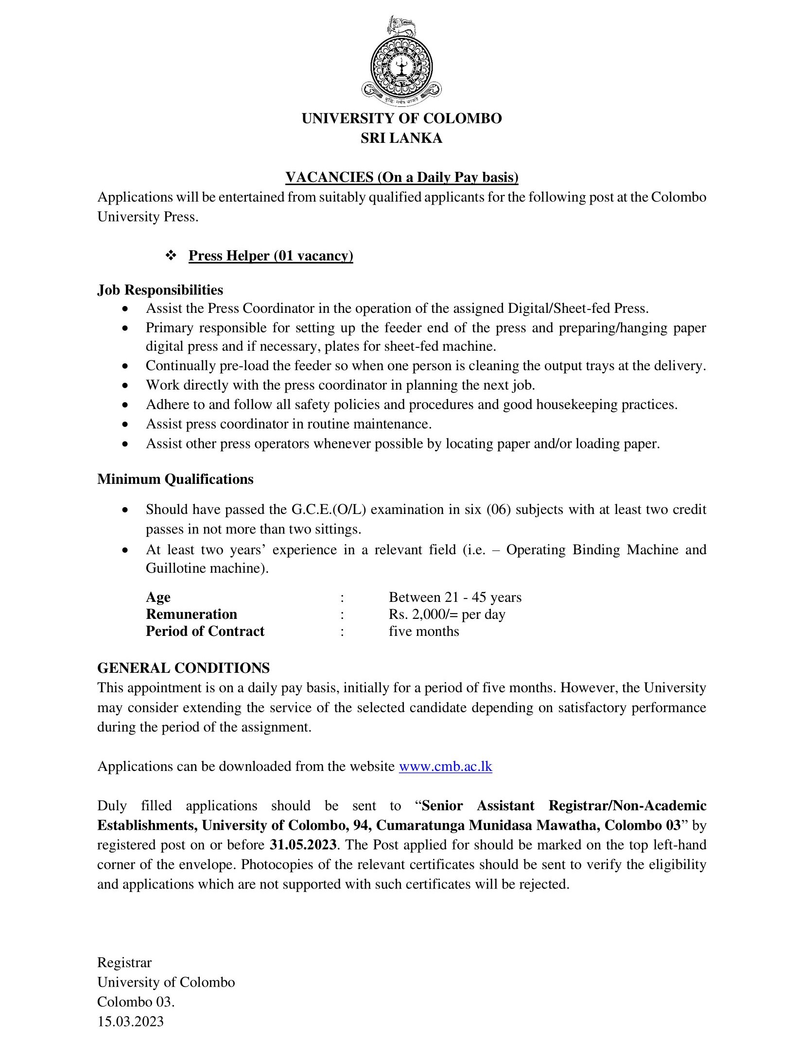 Press Helper University of Colombo