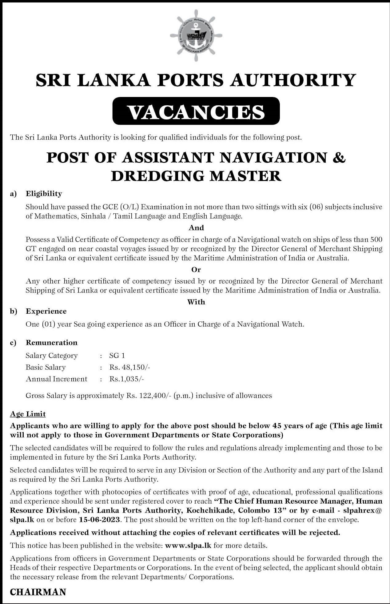 Assistant Navigation & Dredging Master Sri Lanka Ports Authority