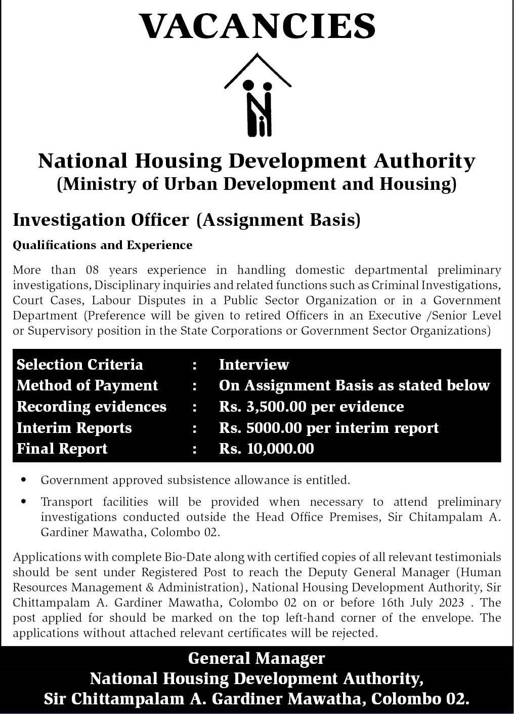 Investigating Officer National Housing Development Authority