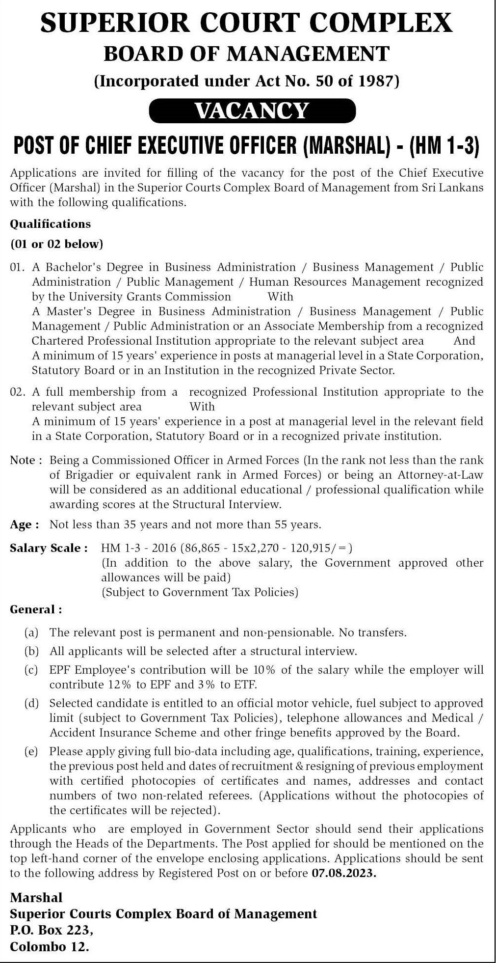 Chief Executive Officer (Marshal) Superior Courts Complex Board of