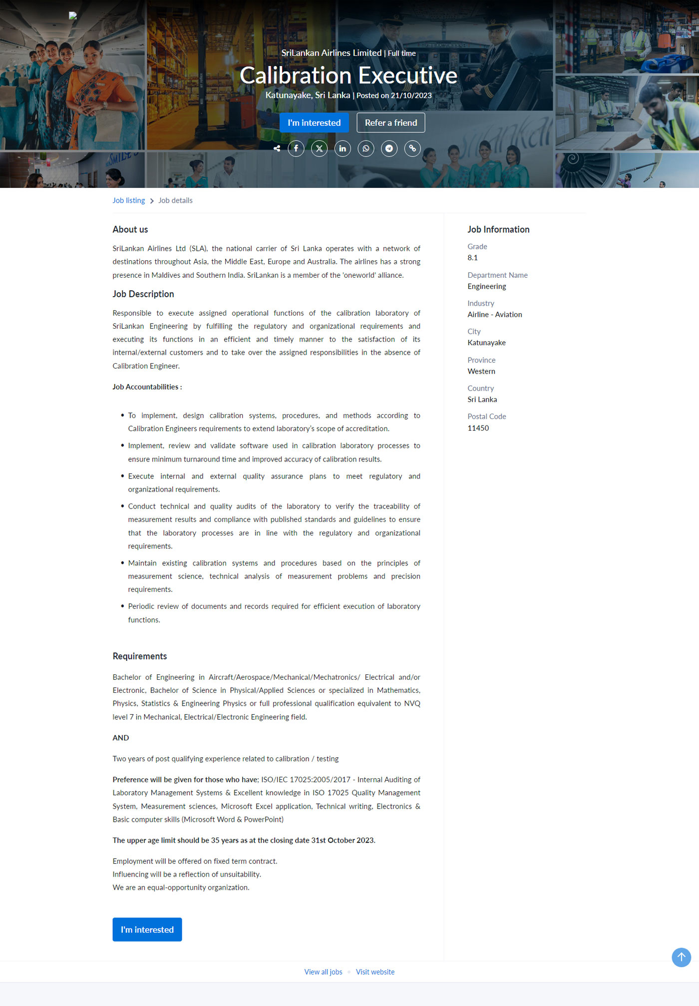 Calibration Executive SriLankan Airlines Limited