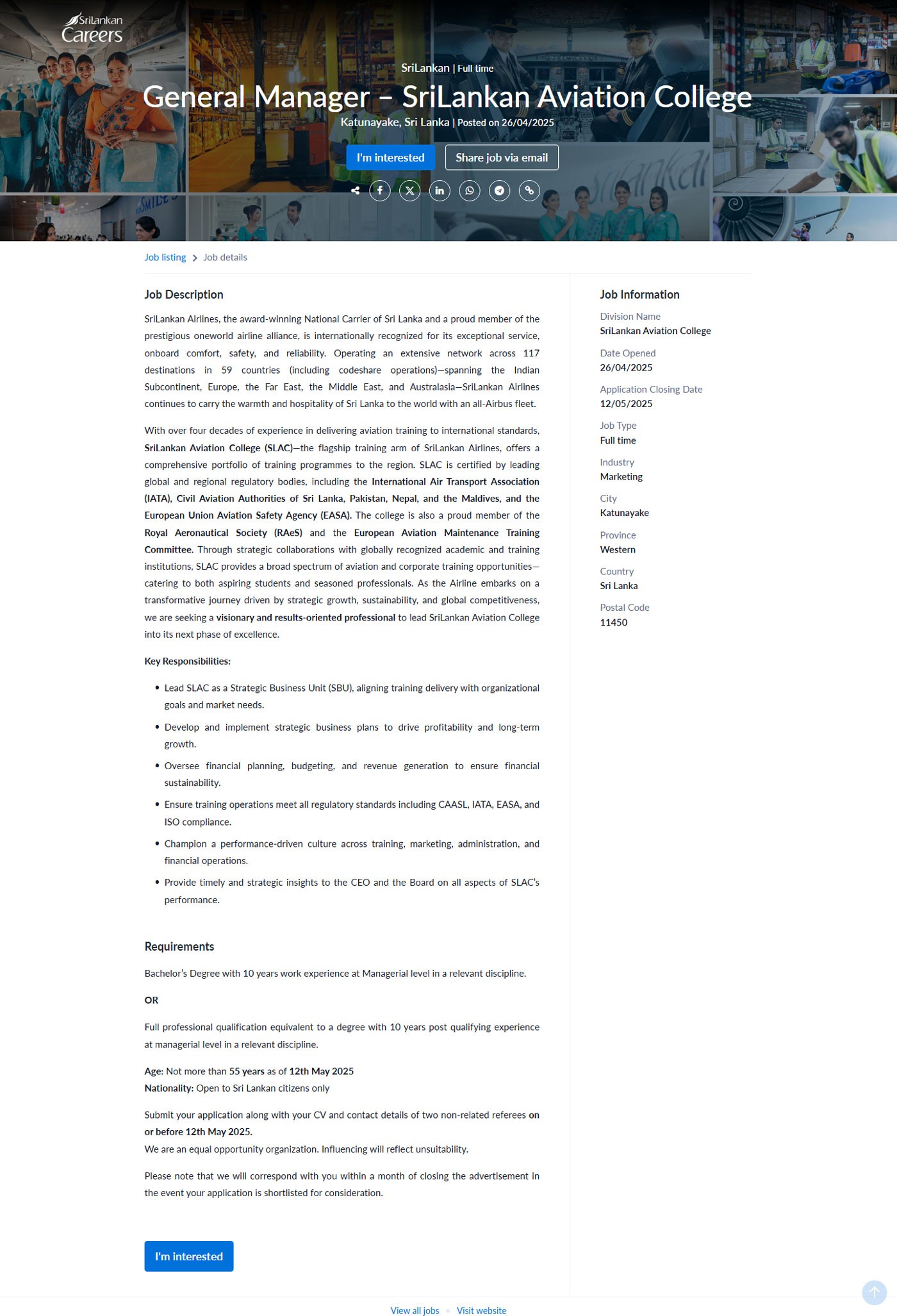 General Manager (SriLankan Aviation College) - SriLankan Airlines Limited