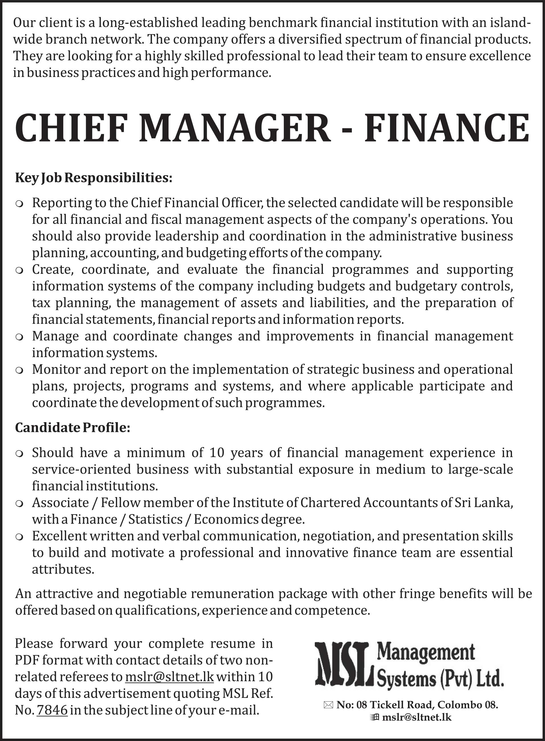 Chief Manager Finance MSL Management Systems Pvt Ltd Chief Manager Finance MSL Management Systems Pvt Ltd