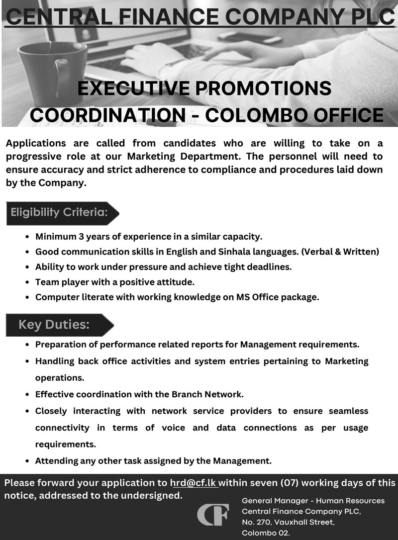 Executive Promotions Coordination Colombo Office Central Finance