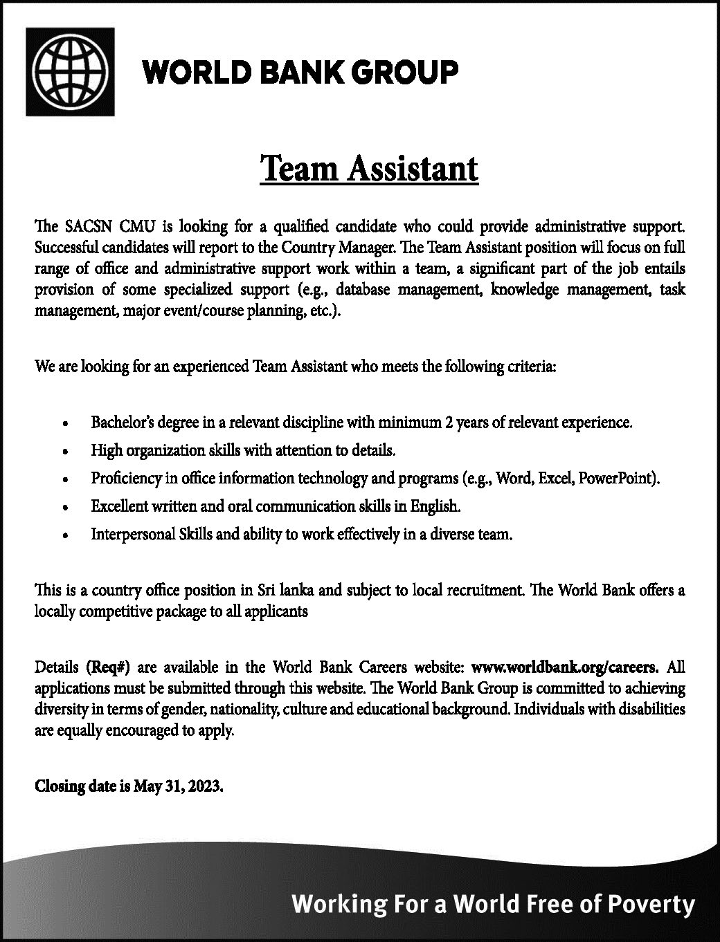 Team Assistant World Bank Colombo Office